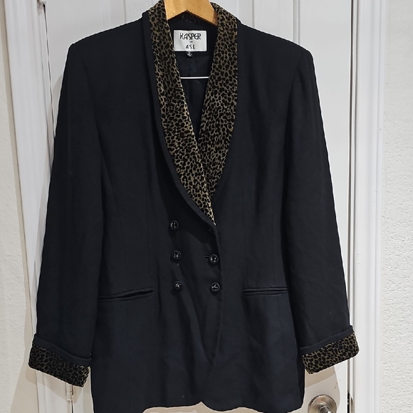 Kasper Black Leopard Trim Women's Blazer Size 14 - Picture 1 of 11